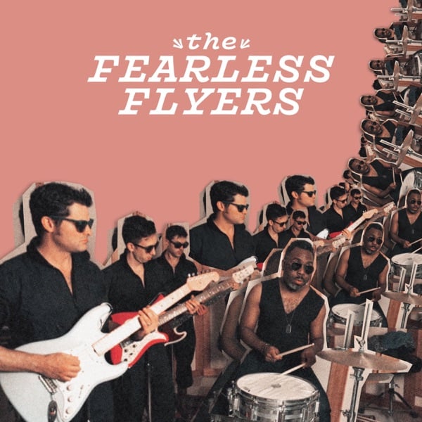 The Fearless Flyers cover collage of the band playing guitar and drums