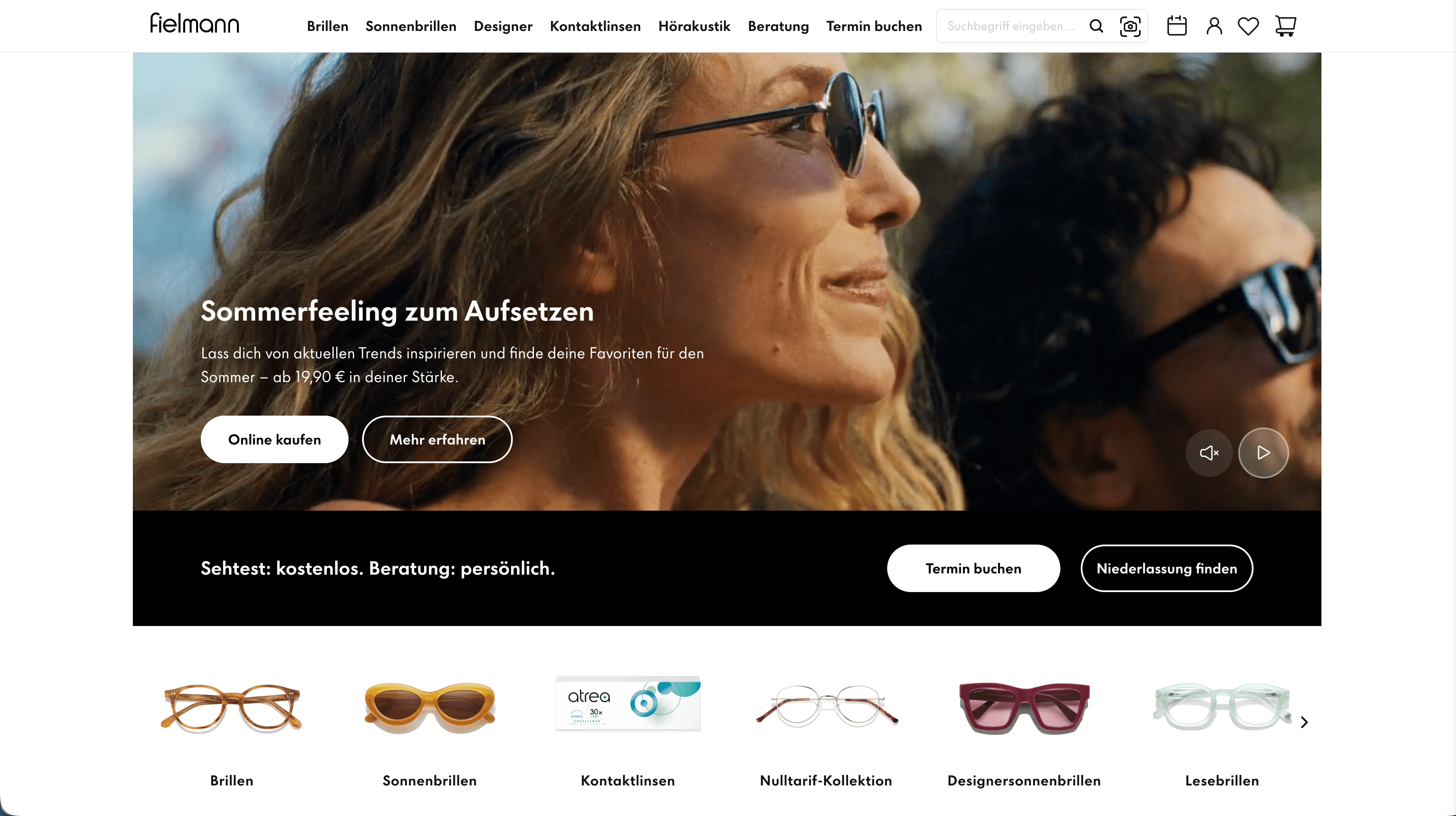 Fielmann homepage featuring two people wearing sunglasses