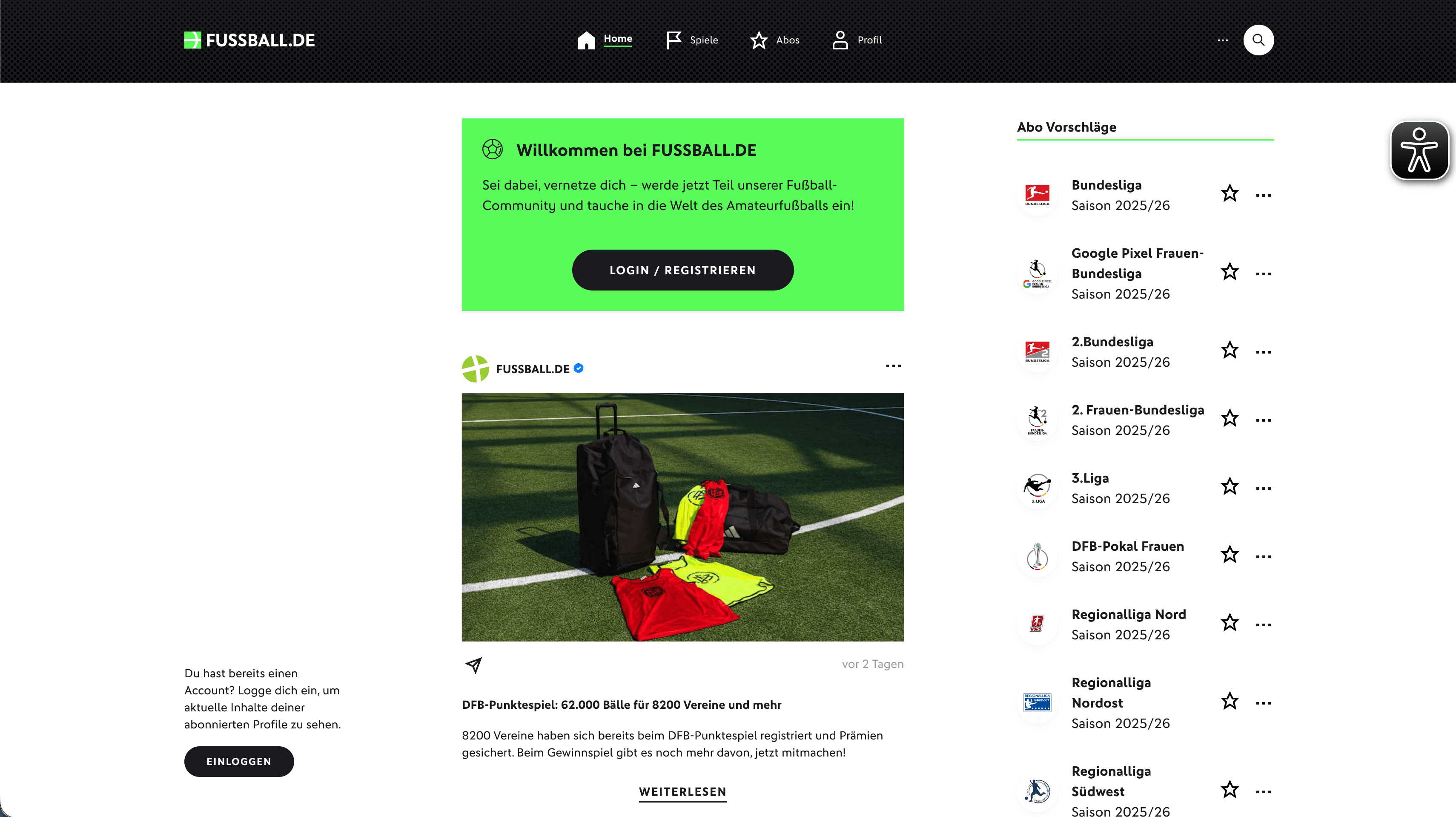 FUSSBALL.DE community homepage with an amateur football news feed and league subscriptions