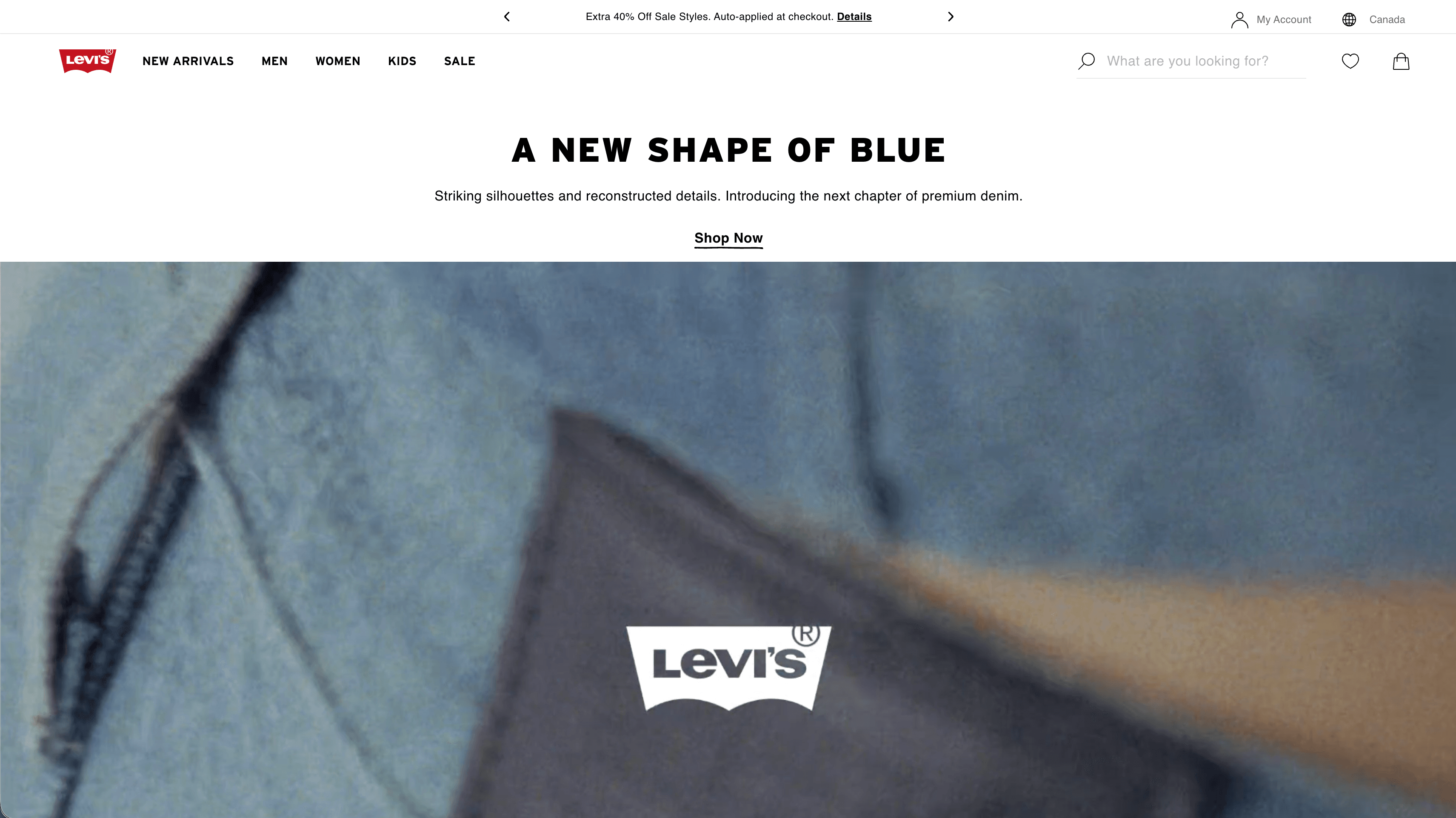 Levi's homepage featuring the A New Shape of Blue denim campaign