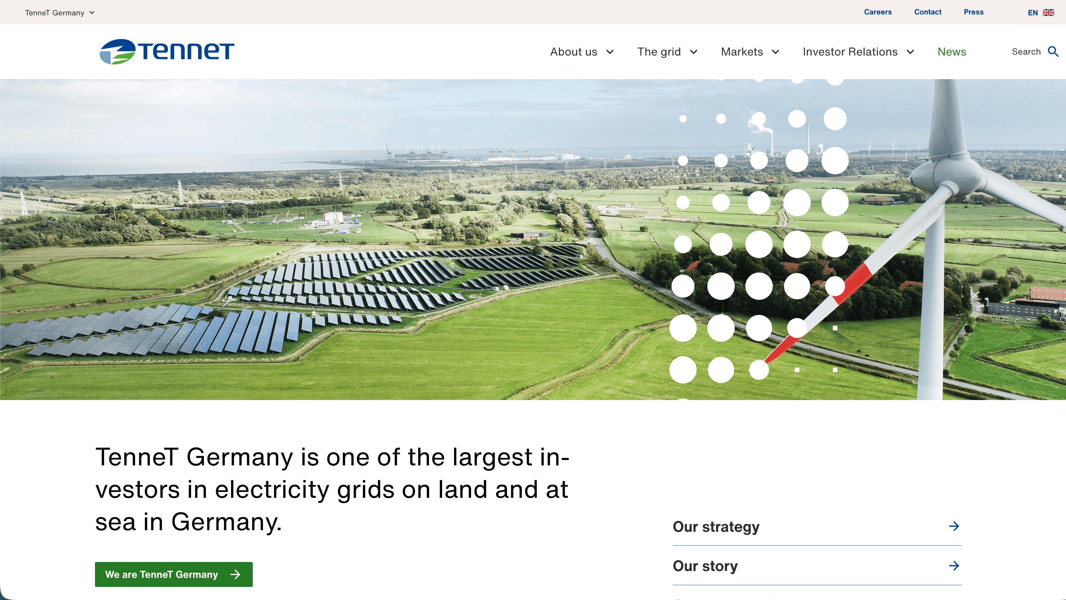 TenneT Germany homepage with a wind turbine and solar panels in a green landscape